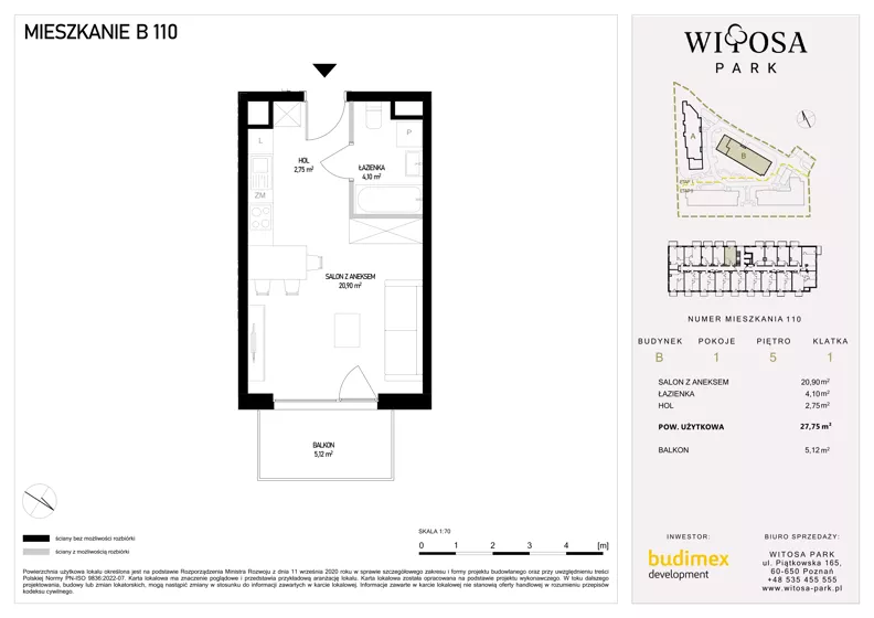 1 pokój, mieszkanie 27,75 m², piętro 5, oferta nr B110, Witosa Park, Poznań, Winiary, Winiary, ul. Piątkowska 165 A-B