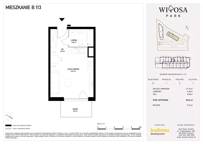 1 pokój, mieszkanie 29,61 m², piętro 6, oferta nr B113, Witosa Park, Poznań, Winiary, Winiary, ul. Piątkowska 165 A-B