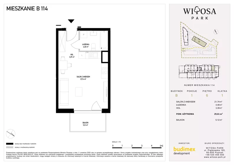 1 pokój, mieszkanie 29,61 m², piętro 6, oferta nr B114, Witosa Park, Poznań, Winiary, Winiary, ul. Piątkowska 165 A-B
