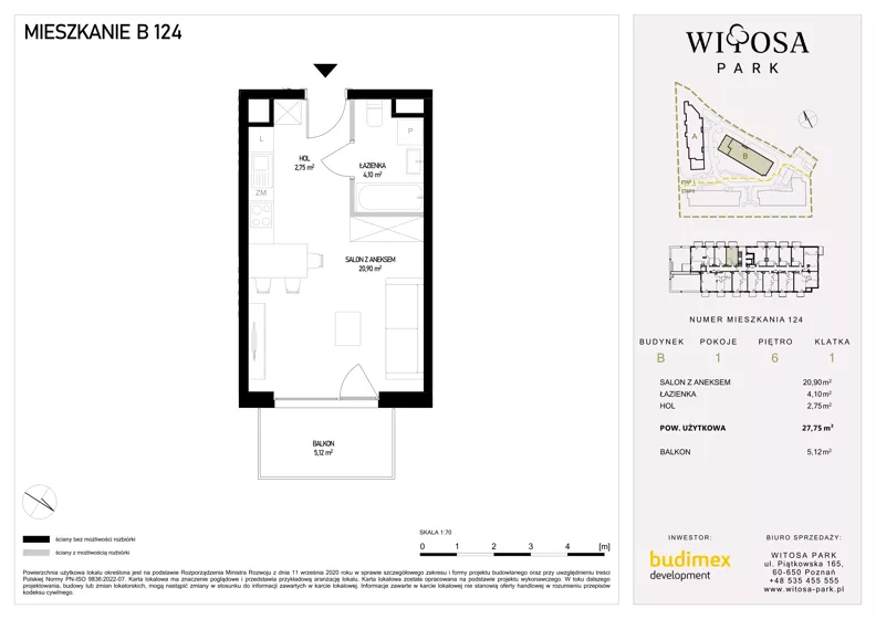 1 pokój, mieszkanie 27,75 m², piętro 6, oferta nr B124, Witosa Park, Poznań, Winiary, Winiary, ul. Piątkowska 165 A-B
