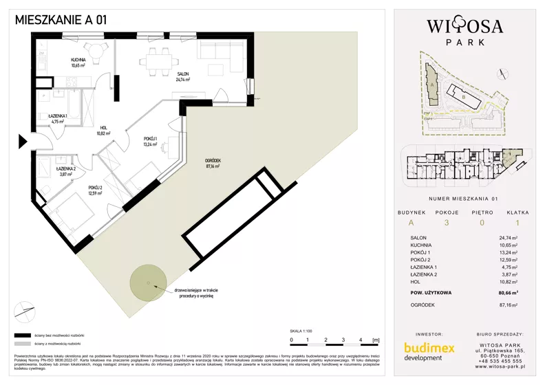 3 pokoje, mieszkanie 80,66 m², parter, oferta nr A1, Witosa Park, Poznań, Winiary, Winiary, ul. Piątkowska 165 A-B