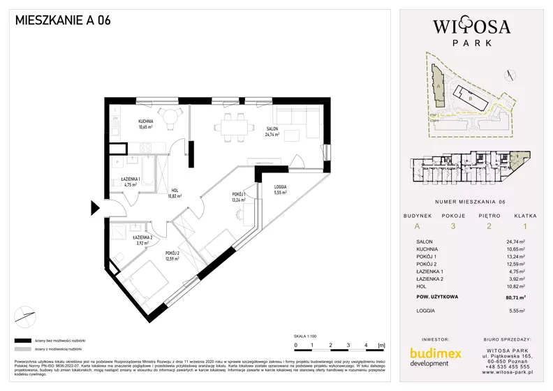 3 pokoje, mieszkanie 80,71 m², piętro 2, oferta nr A6, Witosa Park, Poznań, Winiary, Winiary, ul. Piątkowska 165 A-B