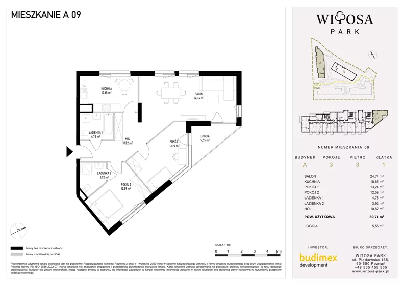 3 pokoje, mieszkanie 80,71 m², piętro 3, oferta nr A9, Witosa Park, Poznań, Winiary, Winiary, ul. Piątkowska 165 A-B