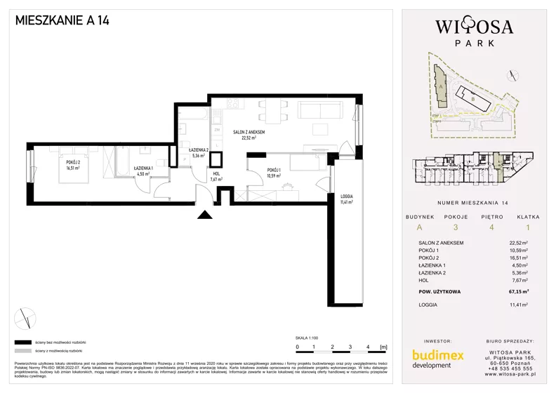 3 pokoje, mieszkanie 67,15 m², piętro 4, oferta nr A14, Witosa Park, Poznań, Winiary, Winiary, ul. Piątkowska 165 A-B