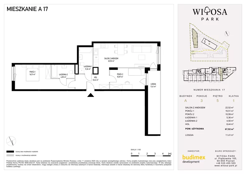 3 pokoje, mieszkanie 67,92 m², piętro 5, oferta nr A17, Witosa Park, Poznań, Winiary, Winiary, ul. Piątkowska 165 A-B