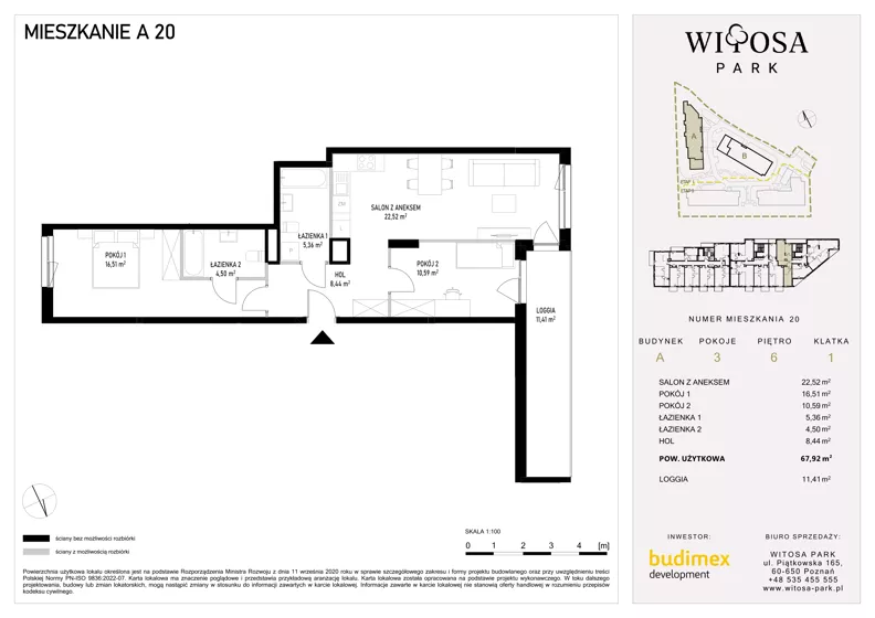3 pokoje, mieszkanie 67,92 m², piętro 6, oferta nr A20, Witosa Park, Poznań, Winiary, Winiary, ul. Piątkowska 165 A-B
