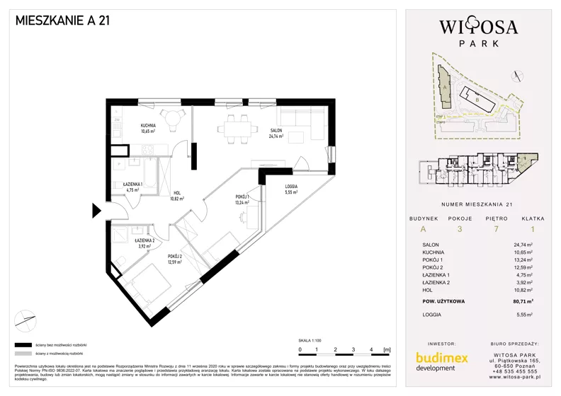 3 pokoje, mieszkanie 80,71 m², piętro 7, oferta nr A21, Witosa Park, Poznań, Winiary, Winiary, ul. Piątkowska 165 A-B