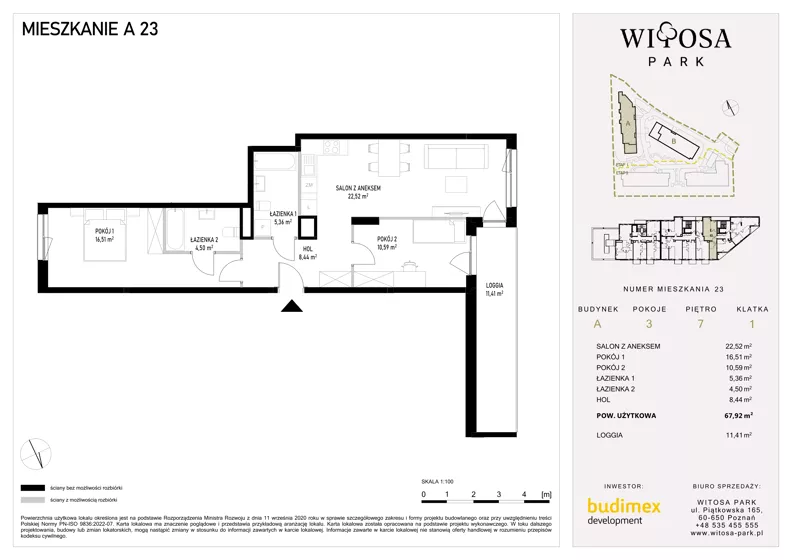 3 pokoje, mieszkanie 67,92 m², piętro 7, oferta nr A23, Witosa Park, Poznań, Winiary, Winiary, ul. Piątkowska 165 A-B