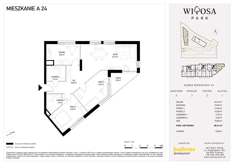3 pokoje, mieszkanie 80,71 m², piętro 8, oferta nr A24, Witosa Park, Poznań, Winiary, Winiary, ul. Piątkowska 165 A-B