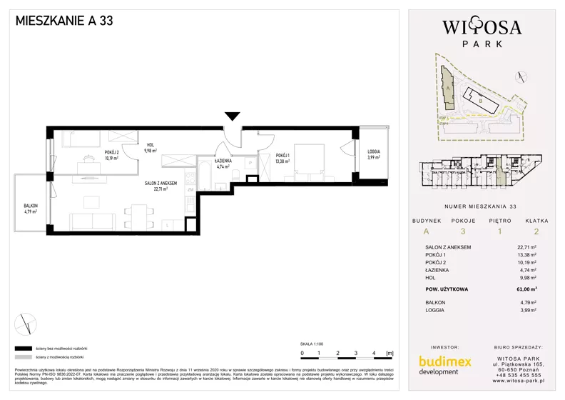 3 pokoje, mieszkanie 61,00 m², piętro 1, oferta nr A33, Witosa Park, Poznań, Winiary, Winiary, ul. Piątkowska 165 A-B