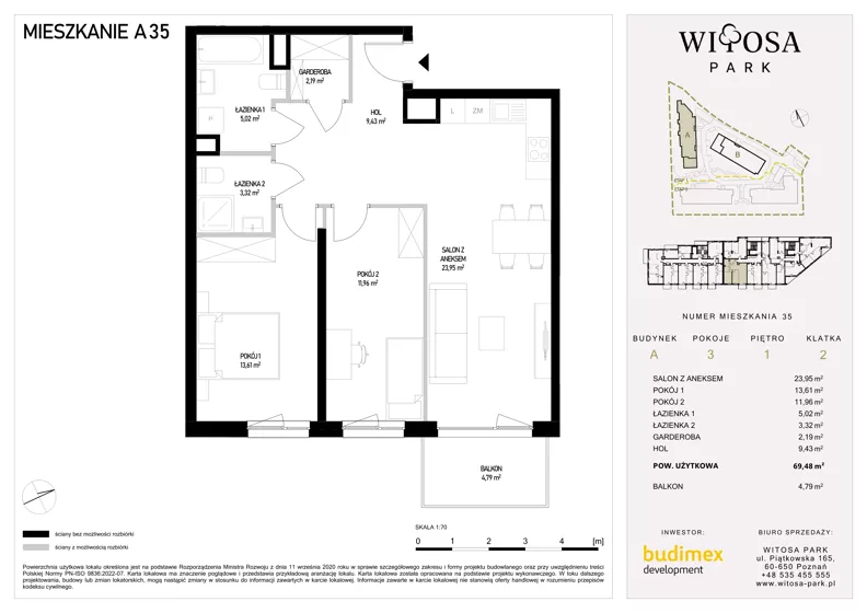 3 pokoje, mieszkanie 69,48 m², piętro 1, oferta nr A35, Witosa Park, Poznań, Winiary, Winiary, ul. Piątkowska 165 A-B
