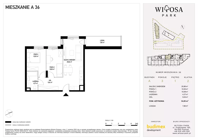 3 pokoje, mieszkanie 54,85 m², piętro 1, oferta nr A36, Witosa Park, Poznań, Winiary, Winiary, ul. Piątkowska 165 A-B