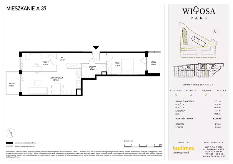 3 pokoje, mieszkanie 61,00 m², piętro 2, oferta nr A37, Witosa Park, Poznań, Winiary, Winiary, ul. Piątkowska 165 A-B