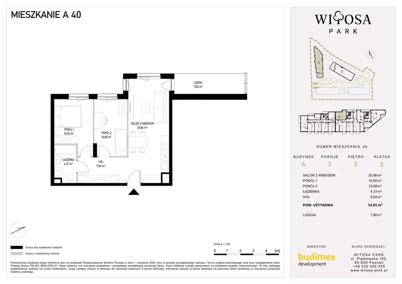 3 pokoje, mieszkanie 54,85 m², piętro 2, oferta nr A40, Witosa Park, Poznań, Winiary, Winiary, ul. Piątkowska 165 A-B