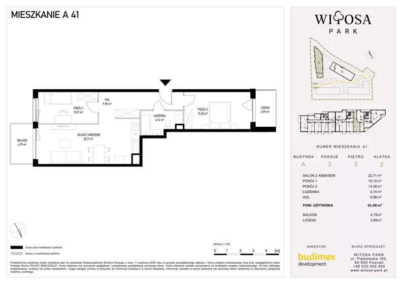 3 pokoje, mieszkanie 61,00 m², piętro 3, oferta nr A41, Witosa Park, Poznań, Winiary, Winiary, ul. Piątkowska 165 A-B