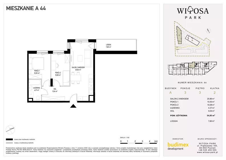 3 pokoje, mieszkanie 54,85 m², piętro 3, oferta nr A44, Witosa Park, Poznań, Winiary, Winiary, ul. Piątkowska 165 A-B