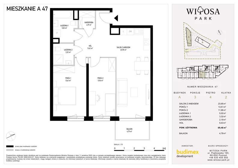 3 pokoje, mieszkanie 69,48 m², piętro 4, oferta nr A47, Witosa Park, Poznań, Winiary, Winiary, ul. Piątkowska 165 A-B