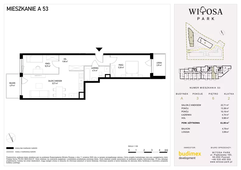 3 pokoje, mieszkanie 61,00 m², piętro 6, oferta nr A53, Witosa Park, Poznań, Winiary, Winiary, ul. Piątkowska 165 A-B