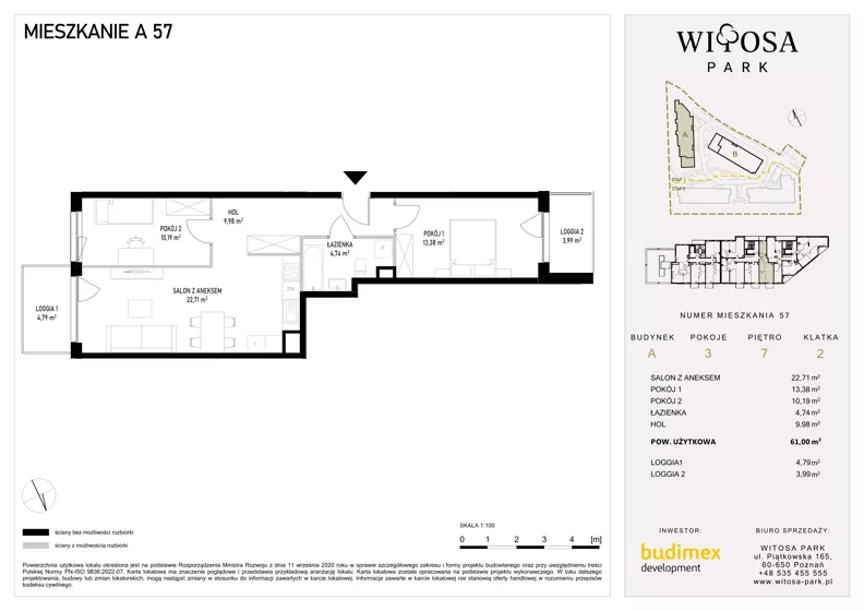 3 pokoje, mieszkanie 61,00 m², piętro 7, oferta nr A57, Witosa Park, Poznań, Winiary, Winiary, ul. Piątkowska 165 A-B