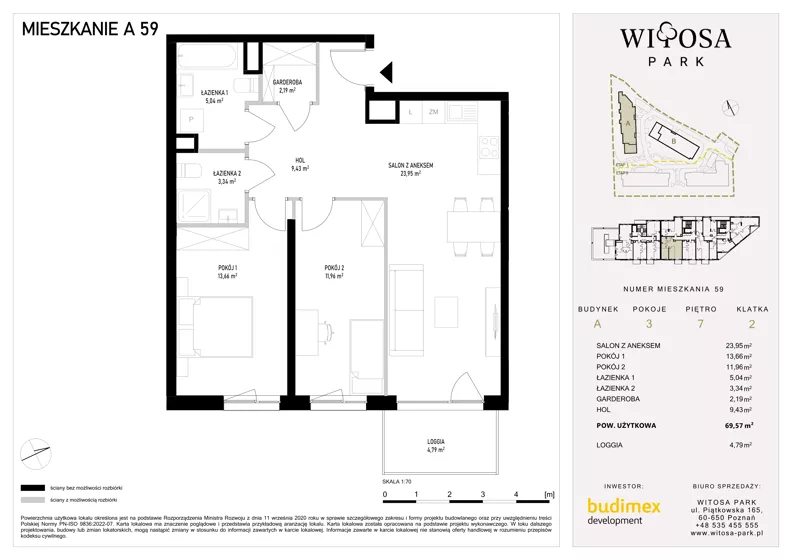3 pokoje, mieszkanie 69,57 m², piętro 7, oferta nr A59, Witosa Park, Poznań, Winiary, Winiary, ul. Piątkowska 165 A-B