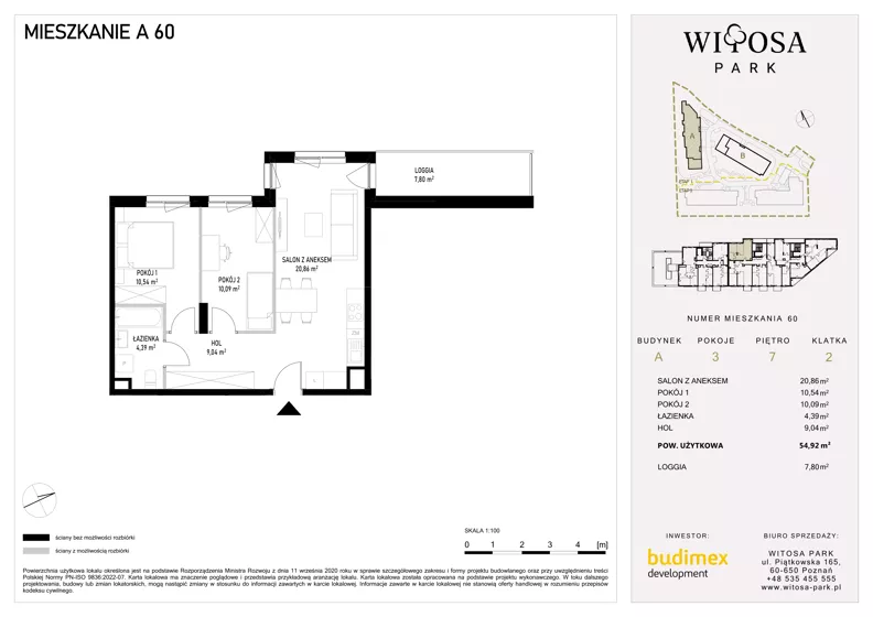 3 pokoje, mieszkanie 54,92 m², piętro 7, oferta nr A60, Witosa Park, Poznań, Winiary, Winiary, ul. Piątkowska 165 A-B