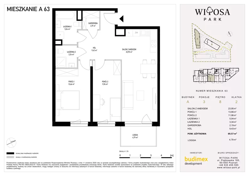 3 pokoje, mieszkanie 69,57 m², piętro 8, oferta nr A63, Witosa Park, Poznań, Winiary, Winiary, ul. Piątkowska 165 A-B