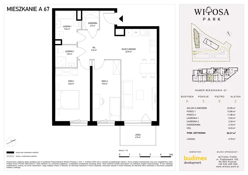 3 pokoje, mieszkanie 69,57 m², piętro 9, oferta nr A67, Witosa Park, Poznań, Winiary, Winiary, ul. Piątkowska 165 A-B