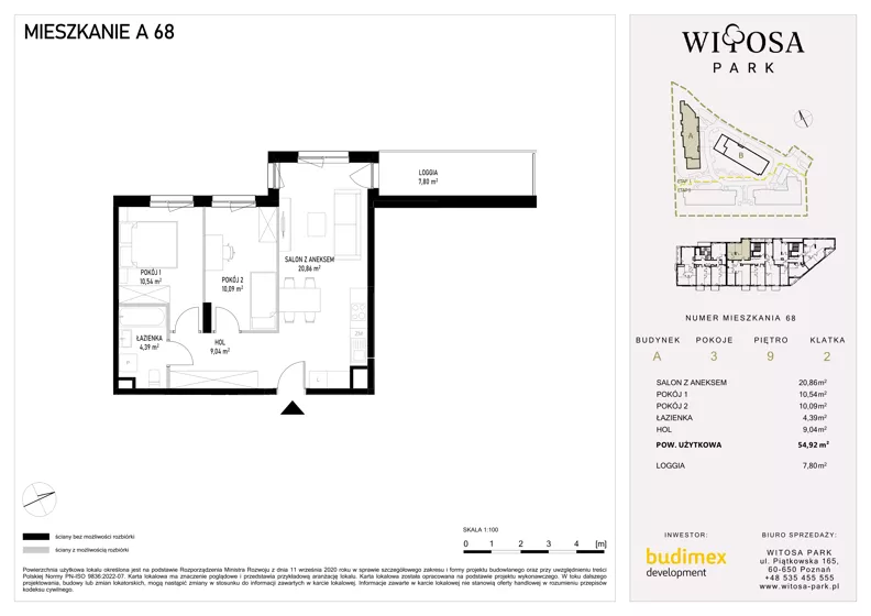 3 pokoje, mieszkanie 54,92 m², piętro 9, oferta nr A68, Witosa Park, Poznań, Winiary, Winiary, ul. Piątkowska 165 A-B
