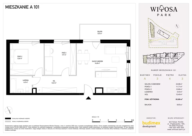 3 pokoje, mieszkanie 65,88 m², piętro 4, oferta nr A101, Witosa Park, Poznań, Winiary, Winiary, ul. Piątkowska 165 A-B