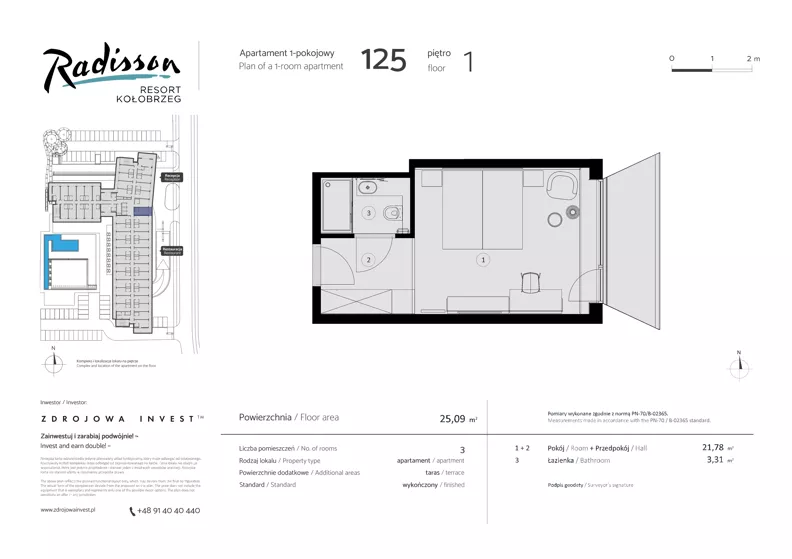 3 pokoje, apartament inwestycyjny 25,09 m², piętro 1, oferta nr 125, Radisson Resort Kołobrzeg, Kołobrzeg, ul. Morawskiego 10