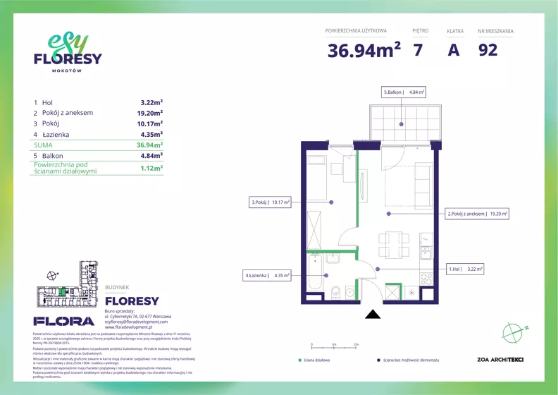 2 pokoje, apartament 36,94 m², piętro 7, oferta nr F-92, Esy Floresy, Warszawa, Mokotów, Mokotów, ul. Cybernetyki 7B