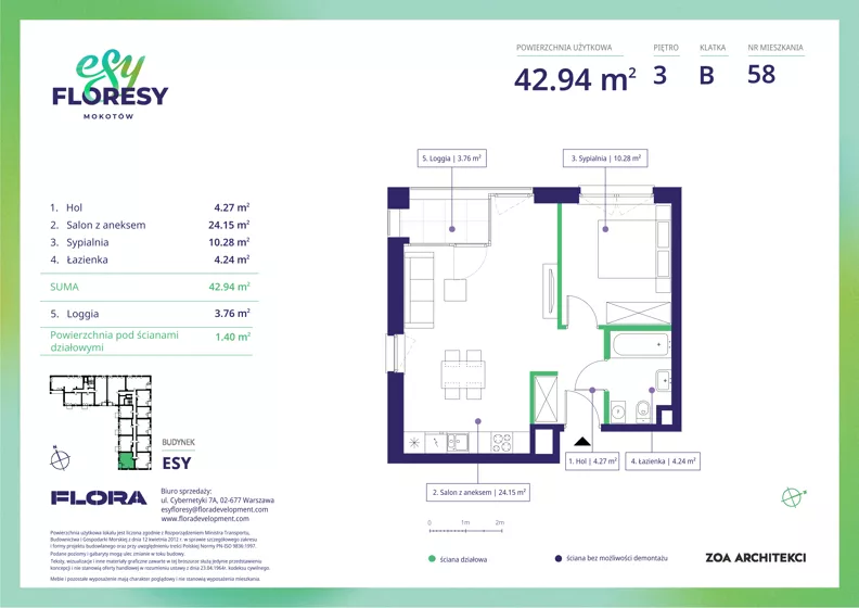 2 pokoje, apartament 43,08 m², piętro 3, oferta nr E-58, Esy Floresy, Warszawa, Mokotów, Mokotów, ul. Cybernetyki 7B