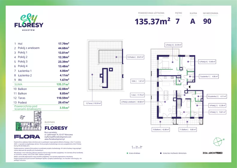 5 pokoi, apartament 133,97 m², piętro 7, oferta nr F-90, Esy Floresy, Warszawa, Mokotów, Mokotów, ul. Cybernetyki 7B