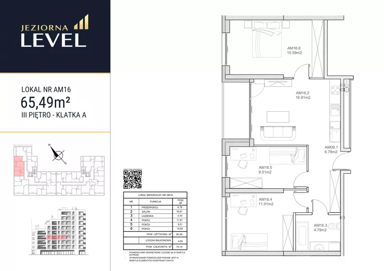 4 pokoje, mieszkanie 65,49 m², piętro 3, oferta nr AM16, Jeziorna Level, Ełk, Jeziorna, ul. Matki Teresy z Kalkuty 8