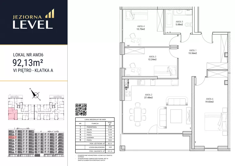 4 pokoje, mieszkanie 92,13 m², piętro 6, oferta nr AM36, Jeziorna Level, Ełk, Jeziorna, ul. Matki Teresy z Kalkuty 8