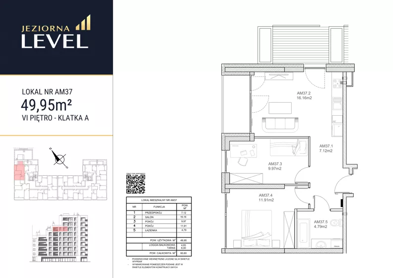 3 pokoje, mieszkanie 49,95 m², piętro 6, oferta nr AM37, Jeziorna Level, Ełk, Jeziorna, ul. Matki Teresy z Kalkuty 8