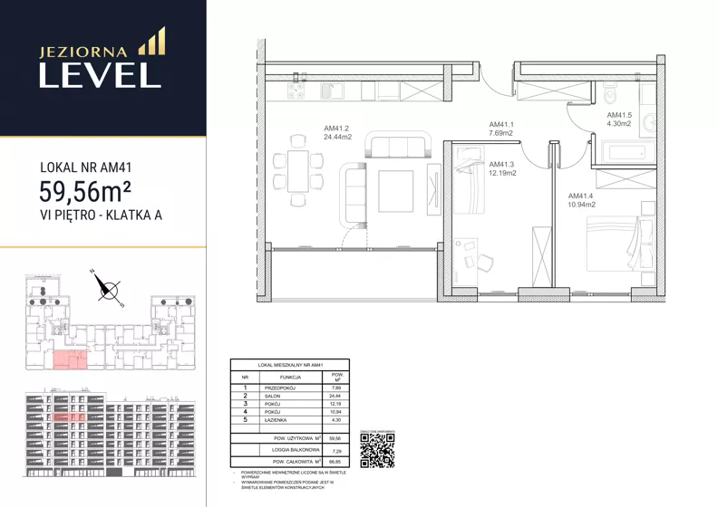 3 pokoje, mieszkanie 59,56 m², piętro 6, oferta nr AM41, Jeziorna Level, Ełk, Jeziorna, ul. Matki Teresy z Kalkuty 8