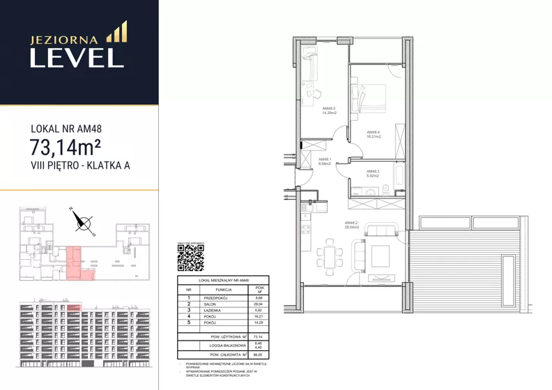 3 pokoje, mieszkanie 73,14 m², piętro 8, oferta nr AM48, Jeziorna Level, Ełk, Jeziorna, ul. Matki Teresy z Kalkuty 8