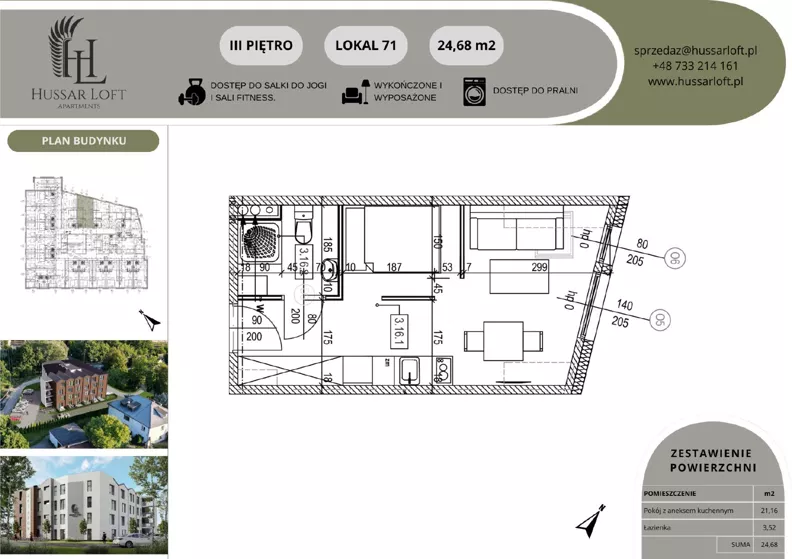 1 pokój, mieszkanie 24,68 m², piętro 3, oferta nr 71, Hussar Loft, Szczecin, Zachód, Gumieńce, ul. Husarów