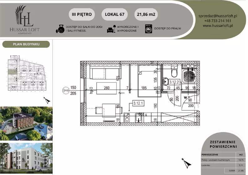 1 pokój, mieszkanie 21,86 m², piętro 3, oferta nr 67, Hussar Loft, Szczecin, Zachód, Gumieńce, ul. Husarów