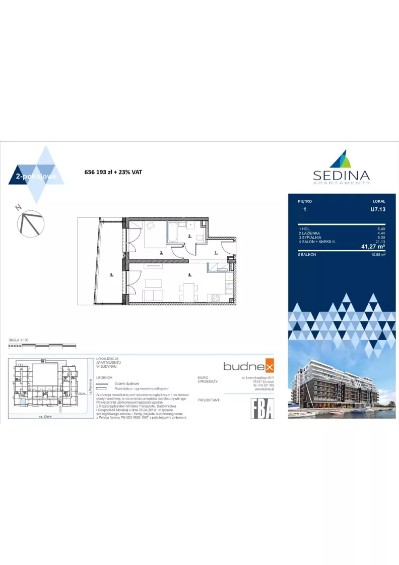 2 pokoje, apartament 41,27 m², piętro 1, oferta nr U.7.13, Sedina, Szczecin, Śródmieście, Maklerska / Leona Heyki