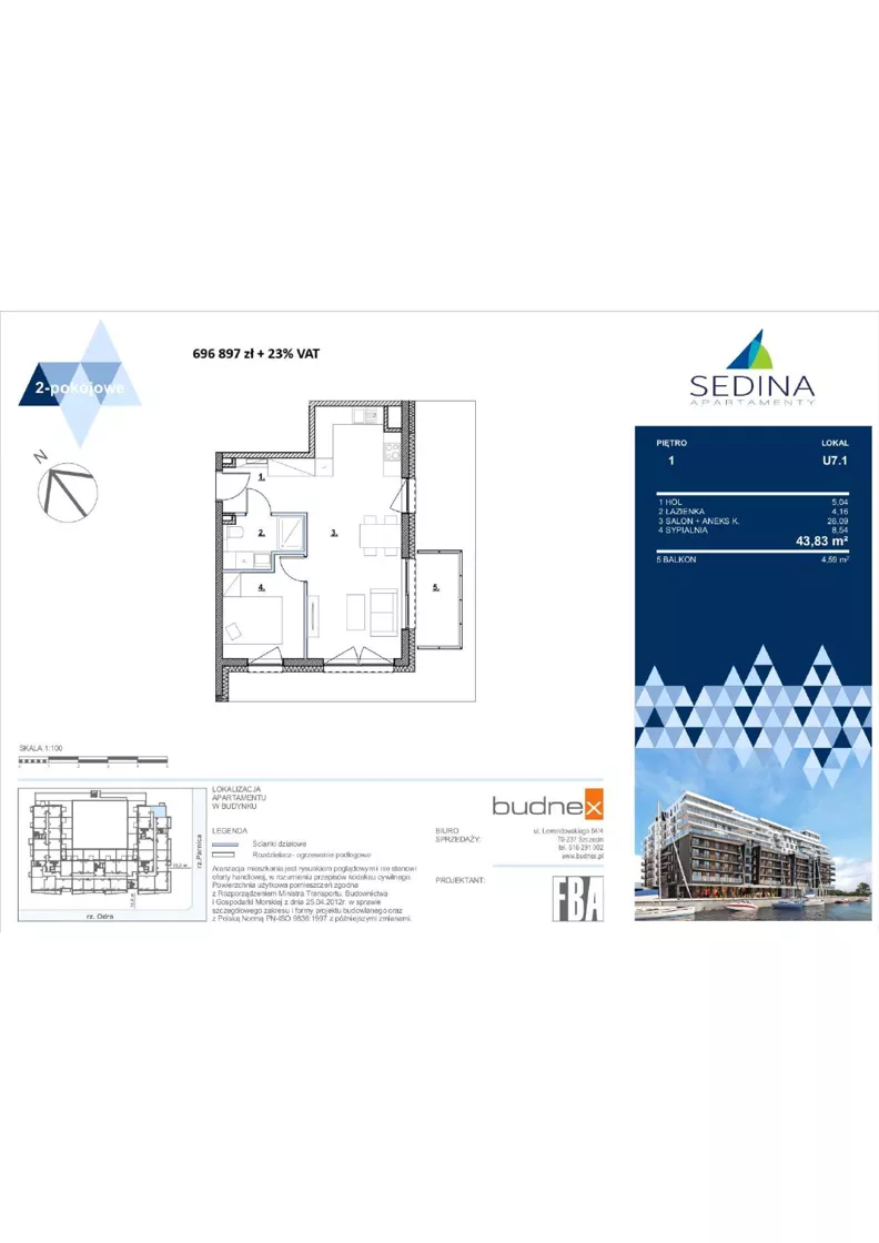 2 pokoje, apartament 43,83 m², piętro 1, oferta nr U.7.1, Sedina, Szczecin, Śródmieście, Maklerska / Leona Heyki 
