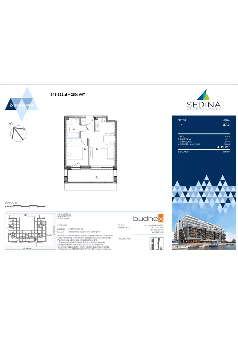 2 pokoje, apartament 34,19 m², piętro 1, oferta nr U.7.2, Sedina, Szczecin, Śródmieście, Maklerska / Leona Heyki 