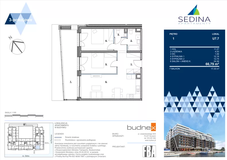 3 pokoje, apartament 66,79 m², piętro 1, oferta nr U.7.7, Sedina, Szczecin, Śródmieście, Maklerska / Leona Heyki 
