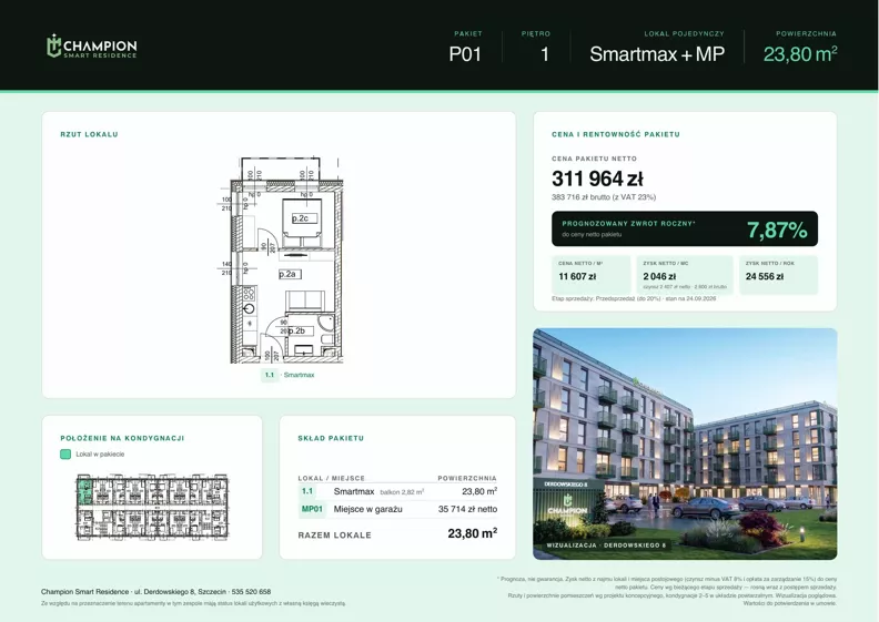 2 pokoje, apartament inwestycyjny 23,80 m², piętro 1, oferta nr Pakiet 01, Champion Smart Residence, Szczecin, Zachód, Świerczewo, ul. Derdowskiego 8