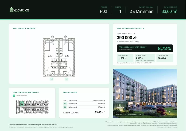 1 pokój, apartament inwestycyjny 33,60 m², piętro 1, oferta nr Pakiet 02, Champion Smart Residence, Szczecin, Zachód, Świerczewo, ul. Derdowskiego 8