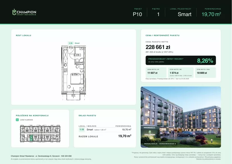1 pokój, apartament inwestycyjny 19,70 m², piętro 1, oferta nr Pakiet 10, Champion Smart Residence, Szczecin, Zachód, Świerczewo, ul. Derdowskiego 8
