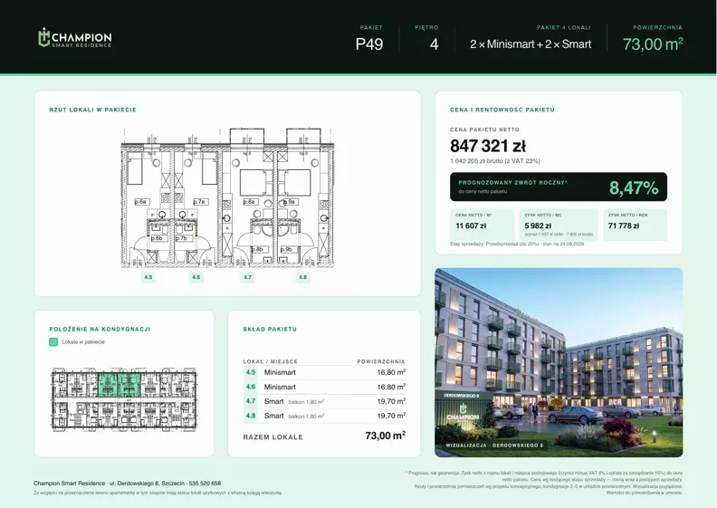 1 pokój, apartament inwestycyjny 73,00 m², piętro 4, oferta nr Pakiet 49, Champion Smart Residence, Szczecin, Zachód, Świerczewo, ul. Derdowskiego 8