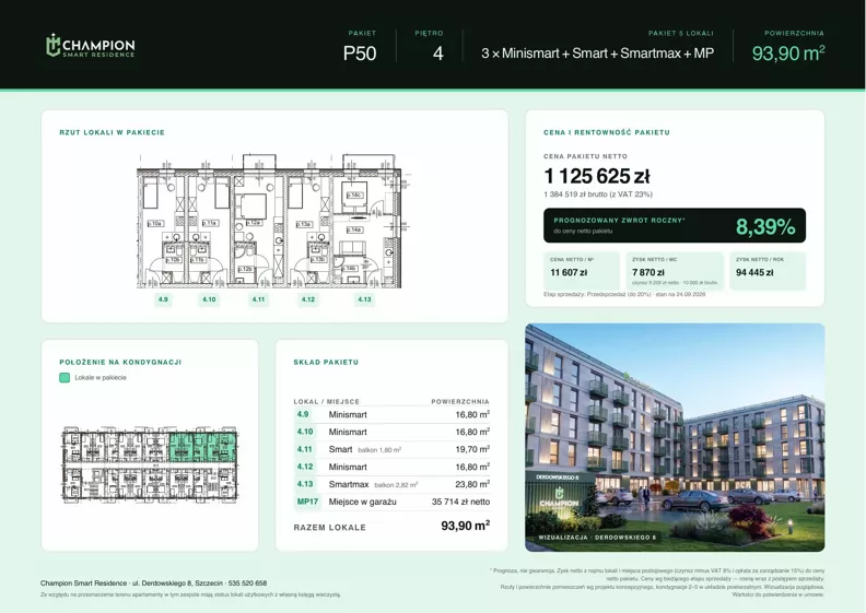 1 pokój, apartament inwestycyjny 93,90 m², piętro 4, oferta nr Pakiet 50, Champion Smart Residence, Szczecin, Zachód, Świerczewo, ul. Derdowskiego 8