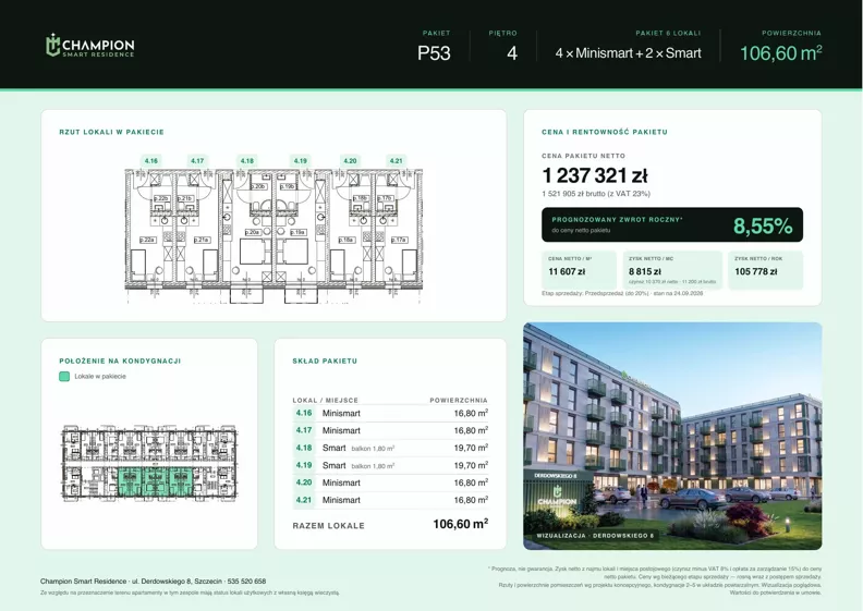 1 pokój, apartament inwestycyjny 106,60 m², piętro 4, oferta nr Pakiet 53, Champion Smart Residence, Szczecin, Zachód, Świerczewo, ul. Derdowskiego 8